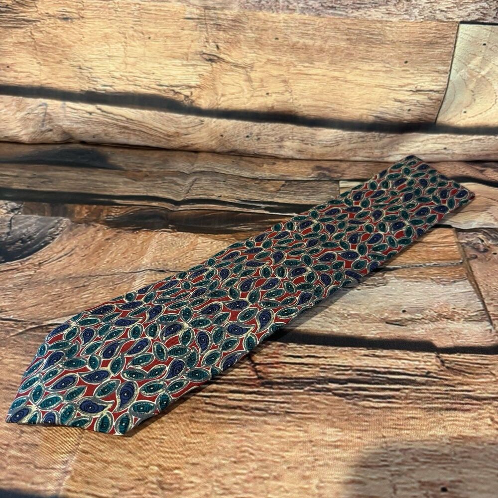 Robert Talbott Tie Silk Red Blue Teal Paisley Medallion Hand Sewn USA 3.25" Wide